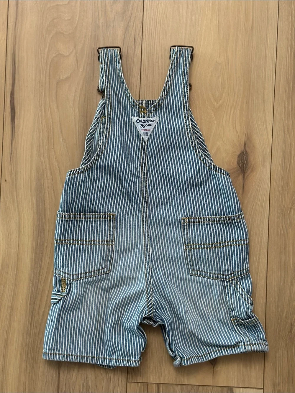 OshKosh B'gosh Blue and White Stripe Short Overalls Railroad